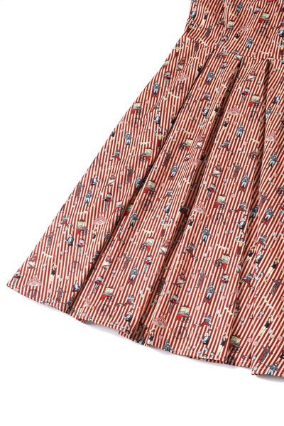 Close up view of Striped Circus Clowns Off Shoulder Dress in Red