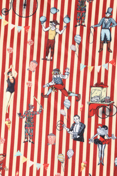Close up view of Striped Circus Clowns Off Shoulder Dress in Red