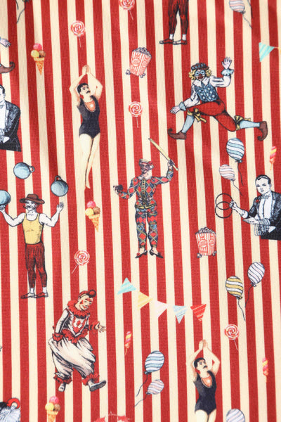 Close up view of Striped Circus Clowns Off Shoulder Dress in Red
