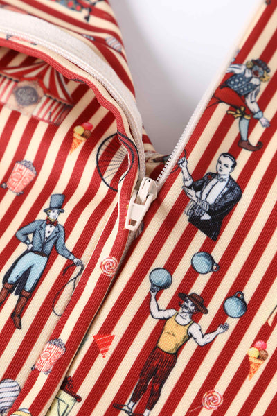 Close up view of Striped Circus Clowns Off Shoulder Dress in Red