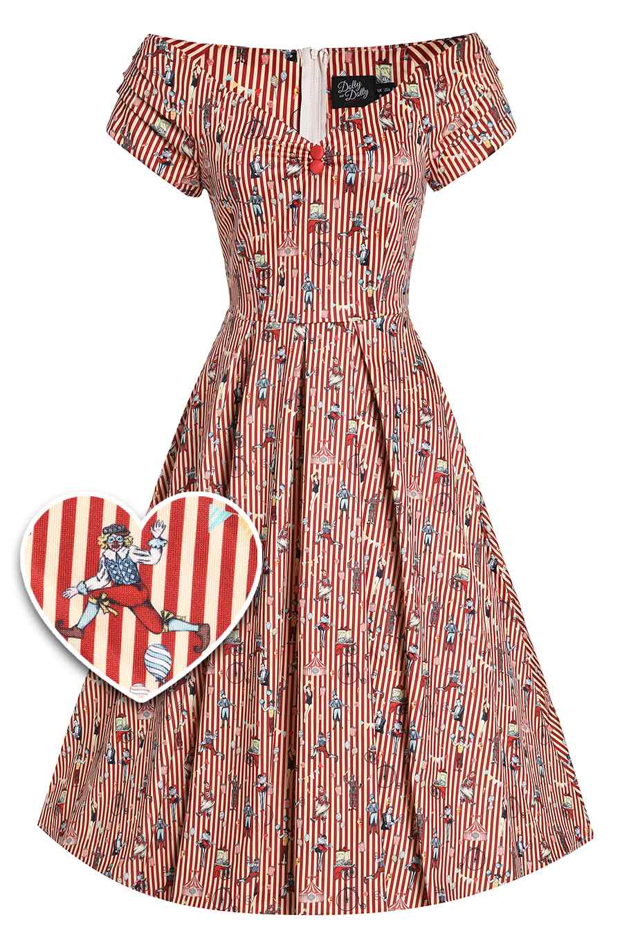 Front view of Striped Circus Clowns Off Shoulder Dress in Red