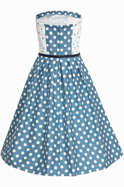 Back view of Summer Blue Polka Dot Strapless Dress