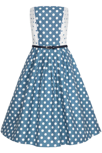 Front view of Summer Blue Polka Dot Strapless Dress