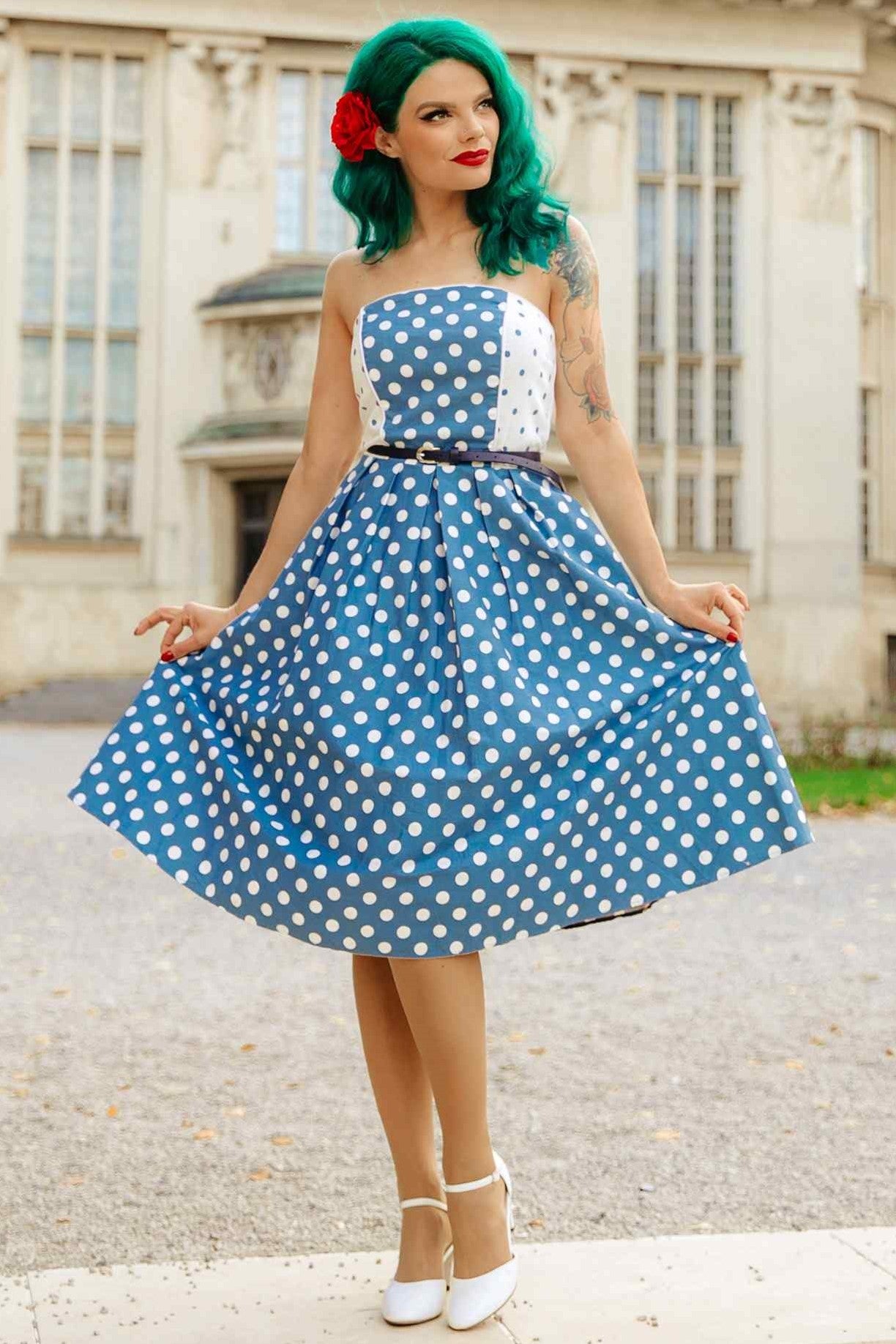 Front view of Summer Blue Polka Dot Strapless Dress