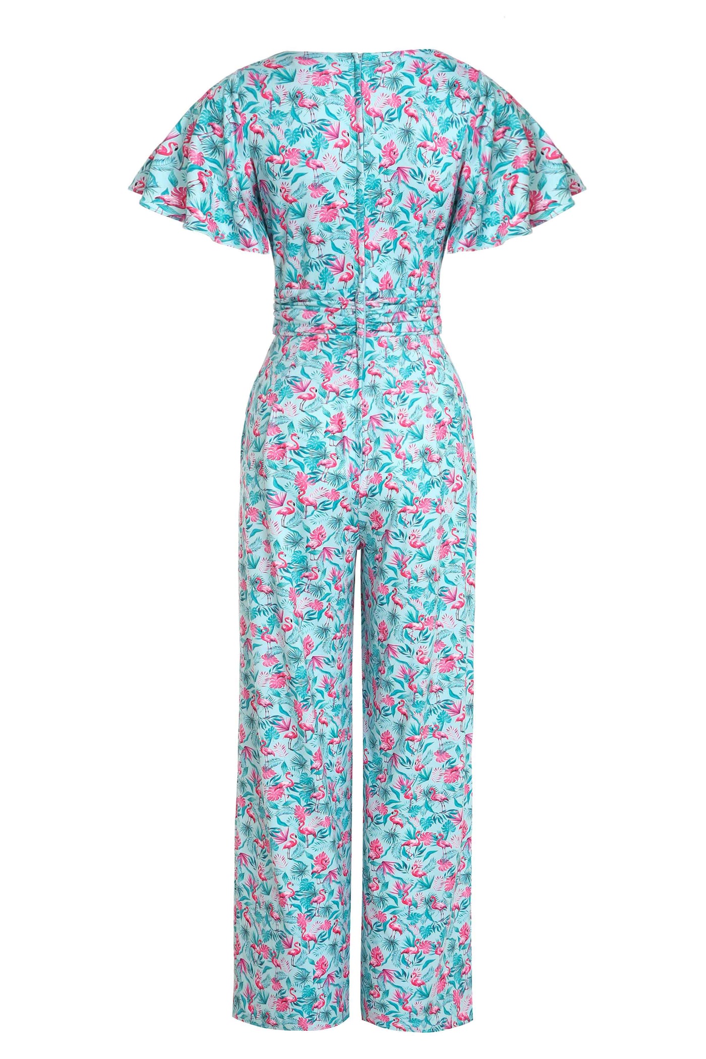 Back view of View of Summer Flamingo Baby Blue Jumpsuit