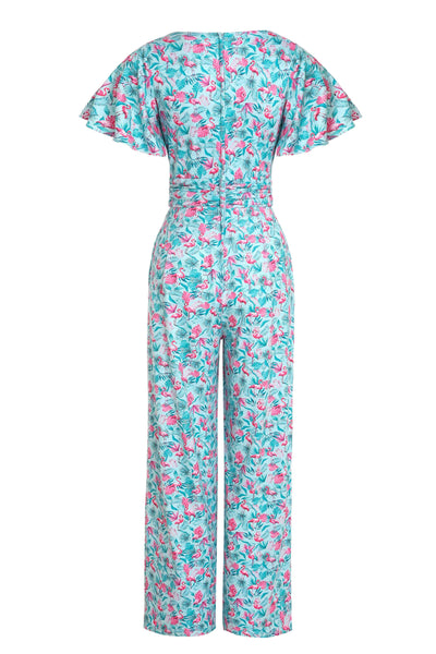 Back view of View of Summer Flamingo Baby Blue Jumpsuit