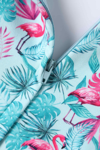 Close up view of View of Summer Flamingo Baby Blue Jumpsuit