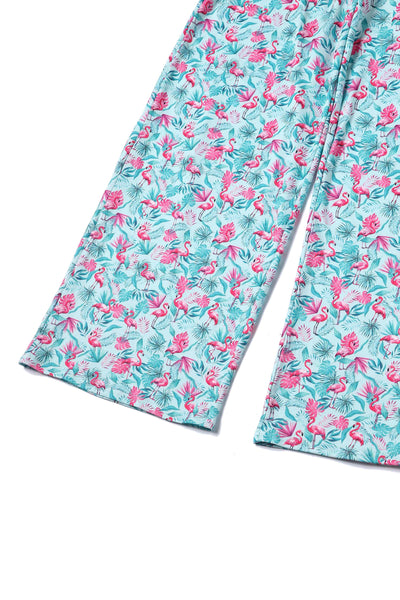 Close up view of View of Summer Flamingo Baby Blue Jumpsuit