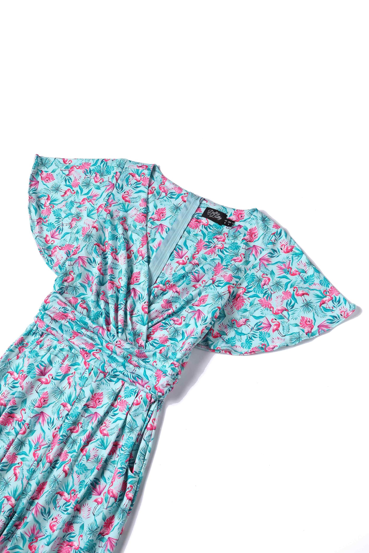 Close up view of View of Summer Flamingo Baby Blue Jumpsuit