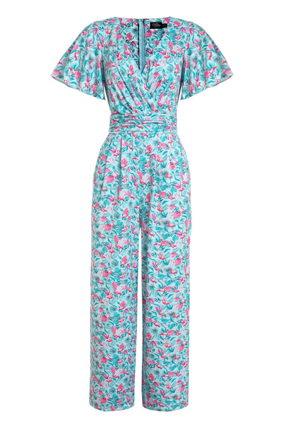 Front view of View of Summer Flamingo Baby Blue Jumpsuit