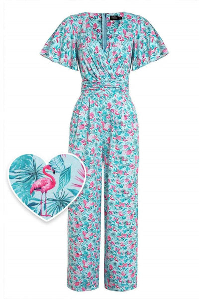 Front view of Pink Flamingo Baby Blue Jumpsuit