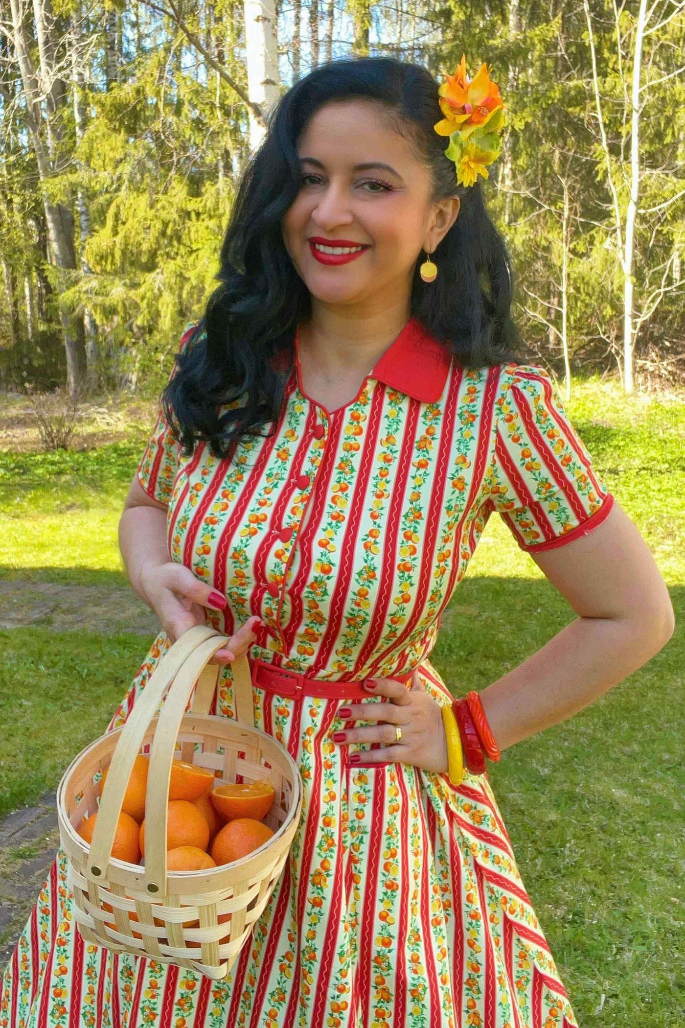 A model wearing Summer Orange Midi Shirt Dress