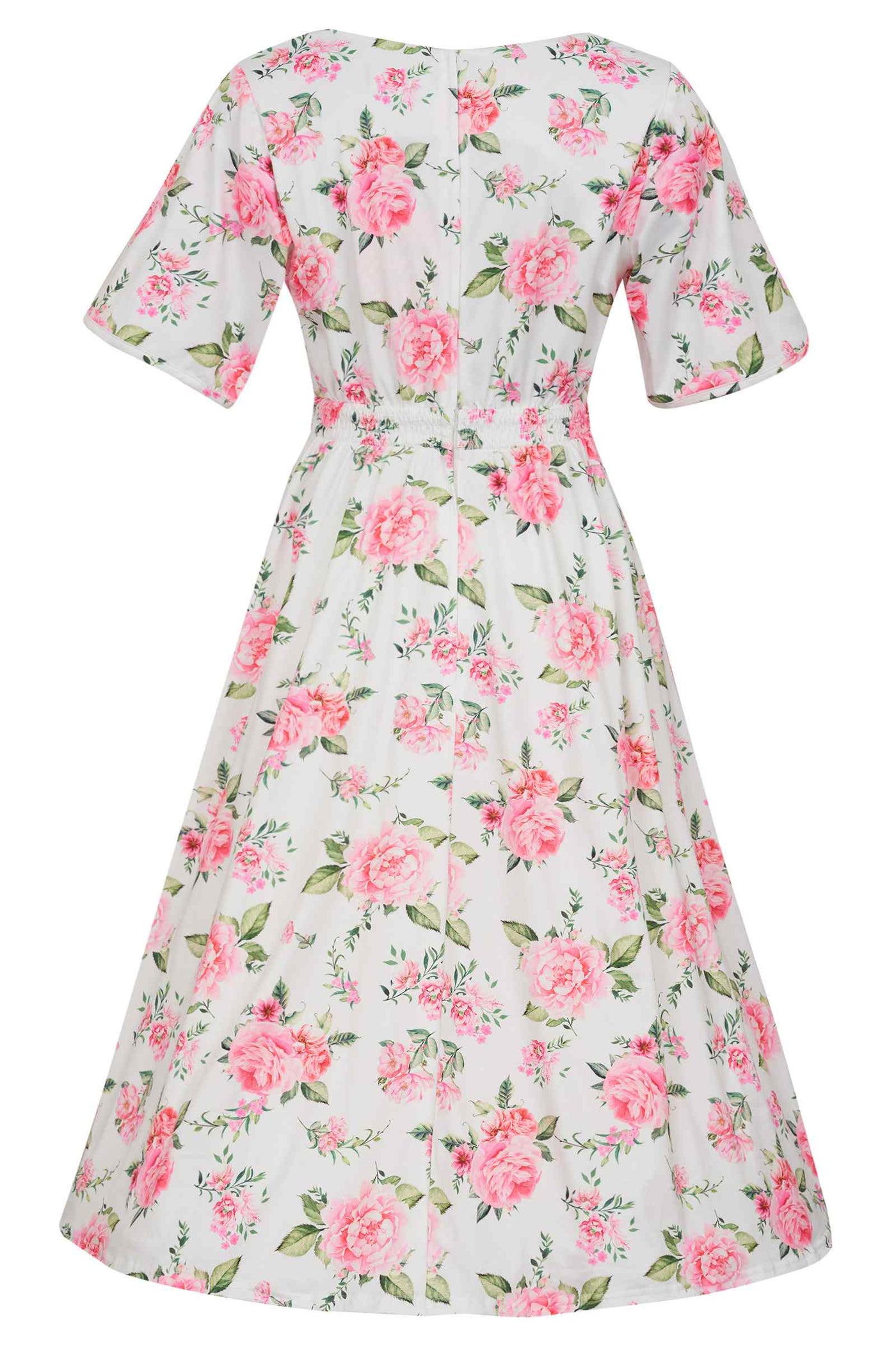 Back view of short sleeved tea dress, in white/pink floral rose print