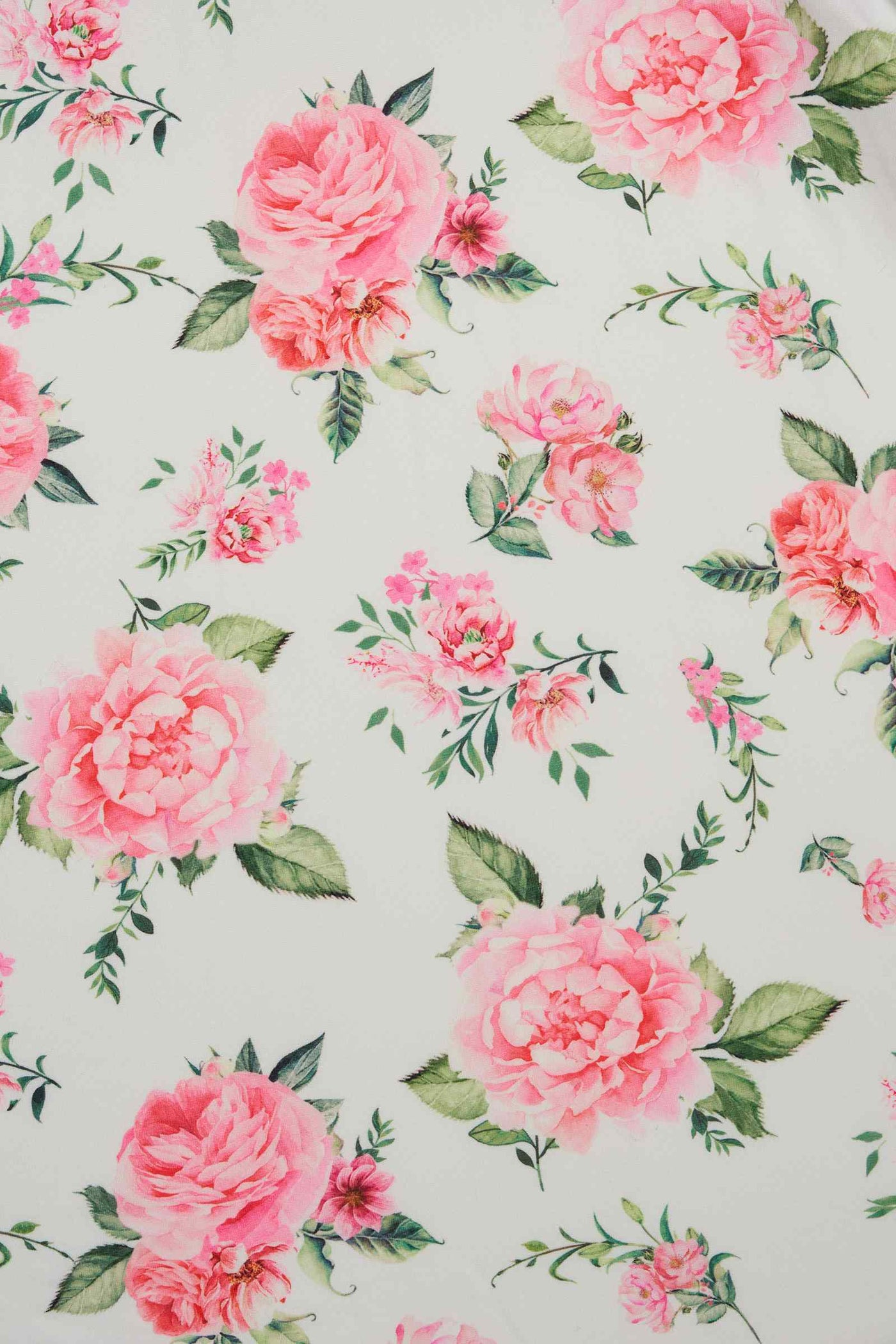 Fabric view of white/pink floral rose print