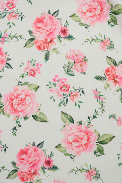 Fabric view of white/pink floral rose print