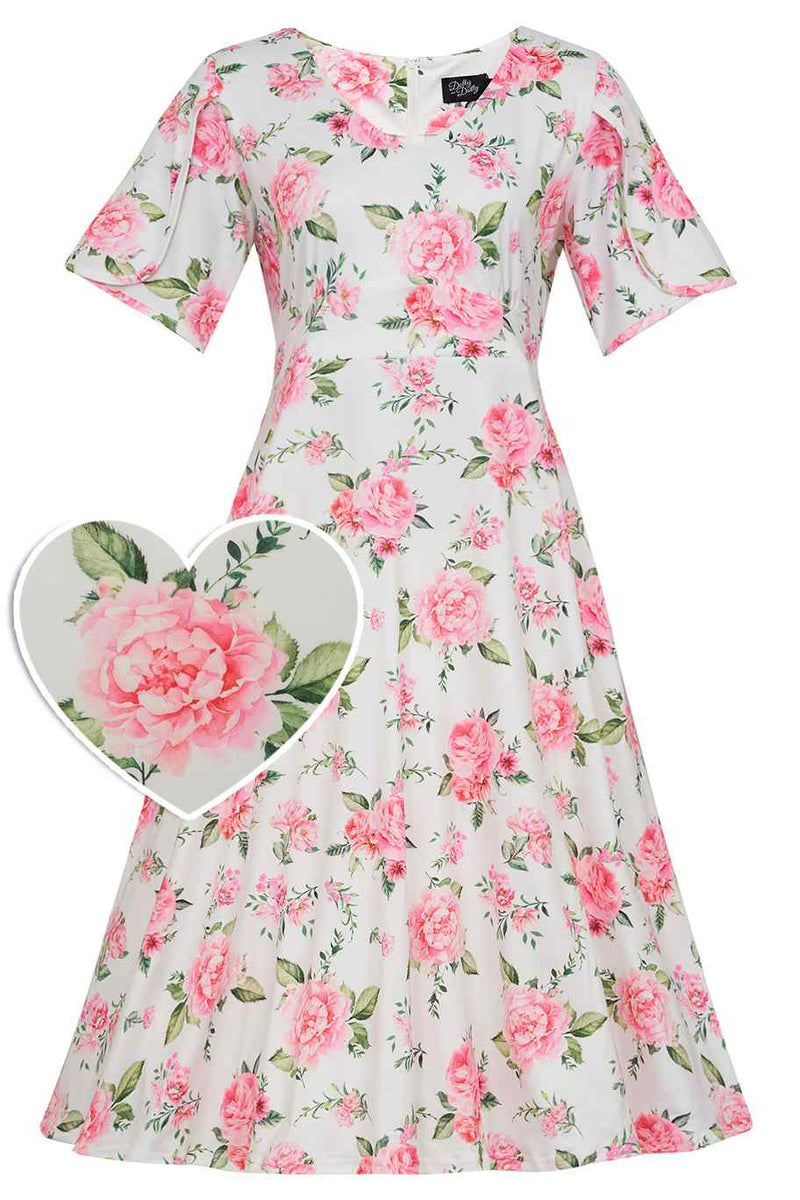 Front view of short sleeved tea dress, in white/pink floral rose print