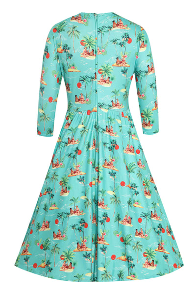Back view of Summer Print Pinup Couple Dress in Mint