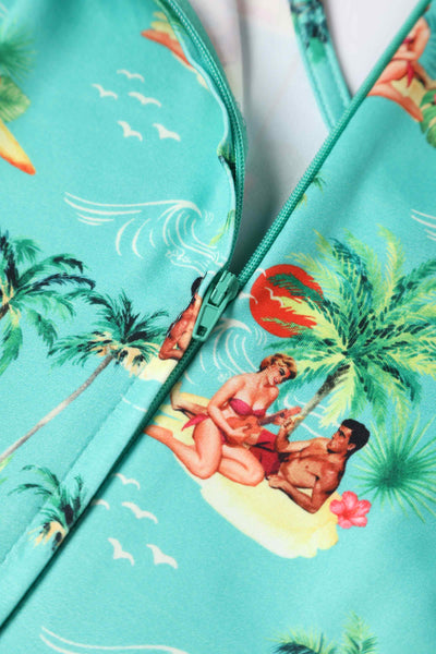 Close up view of Summer Print Pinup Couple Dress in Mint