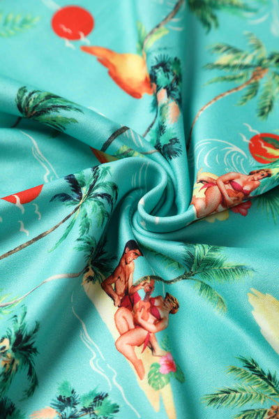 Close up view of Summer Print Pinup Couple Dress in Mint