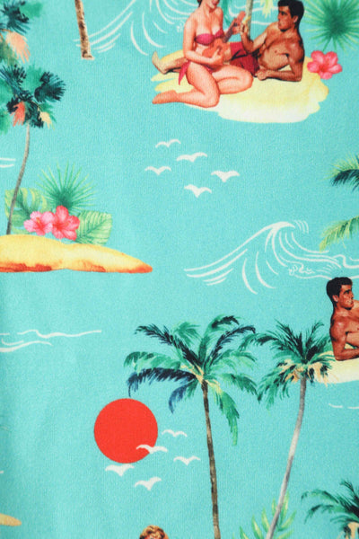 Close up view of Summer Print Pinup Couple Dress in Mint