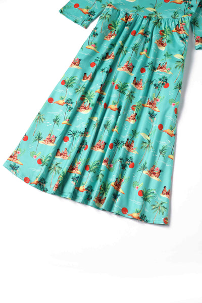 Close up view of Summer Print Pinup Couple Dress in Mint