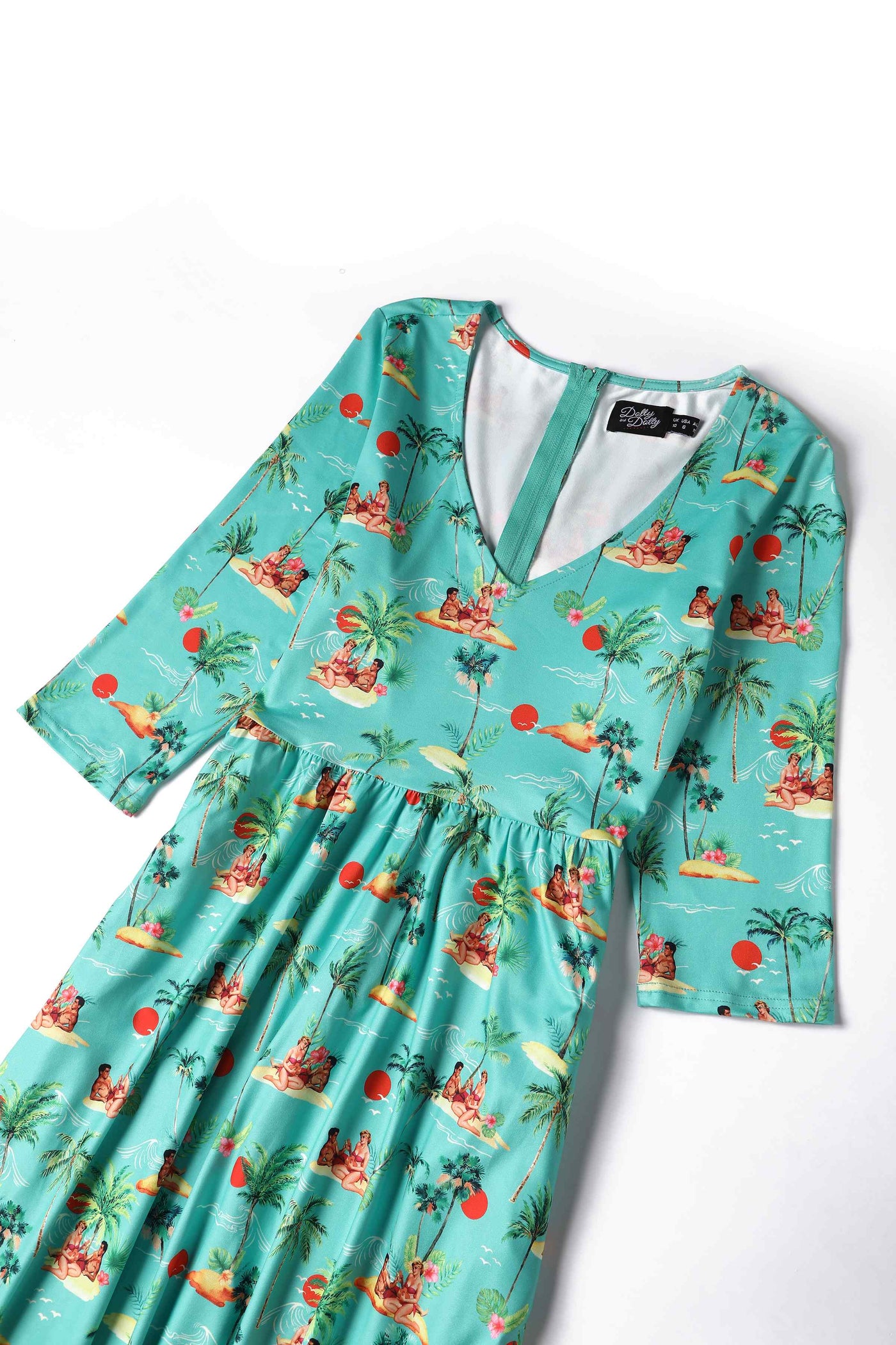 Close up view of Summer Print Pinup Couple Dress in Mint