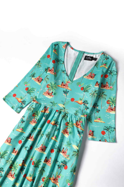 Close up view of Summer Print Pinup Couple Dress in Mint