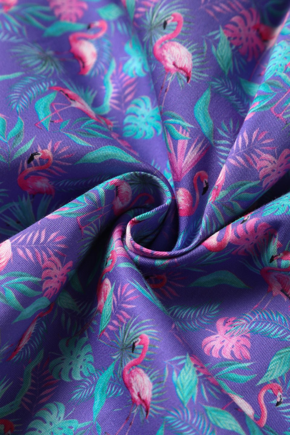 Close up view of Purple Flamingo Shirt Dress