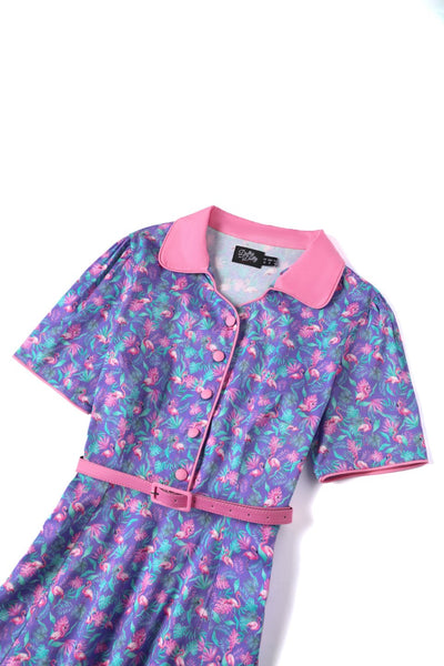Close up view of Purple Flamingo Shirt Dress