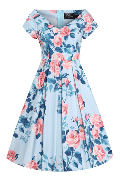 Front view of Lily Summer Rose Off Shoulder Dress In Light Blue