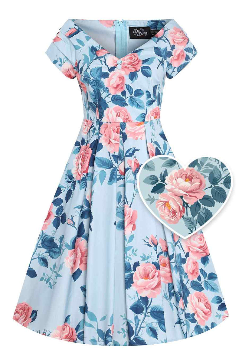 Front view of Summer Rose Off Shoulder Dress In Light Blue