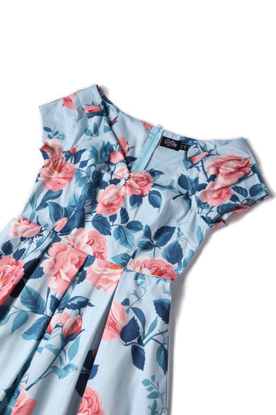 Close up view of Summer Rose Off Shoulder Dress In Light Blue