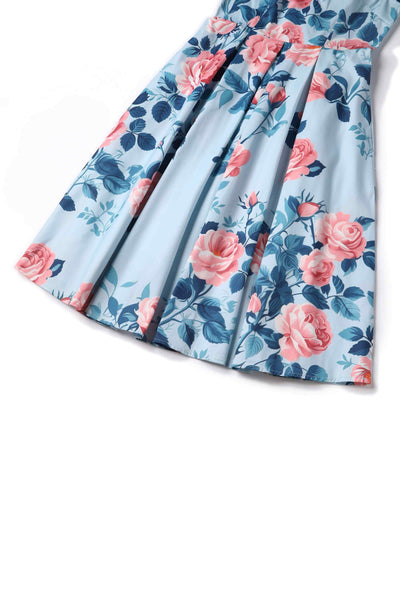 Close up view of Summer Rose Off Shoulder Dress In Light Blue