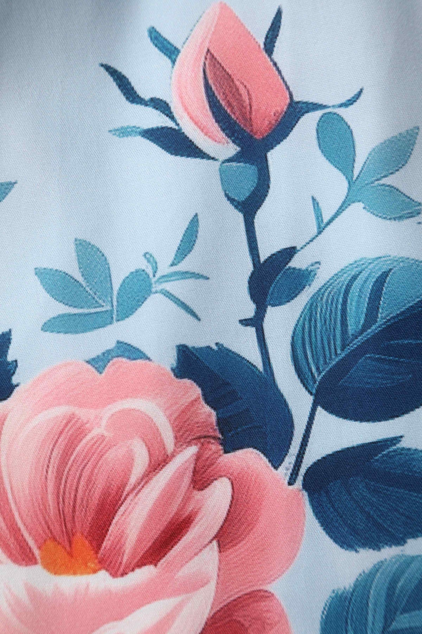 Close up view of Summer Rose Off Shoulder Dress In Light Blue