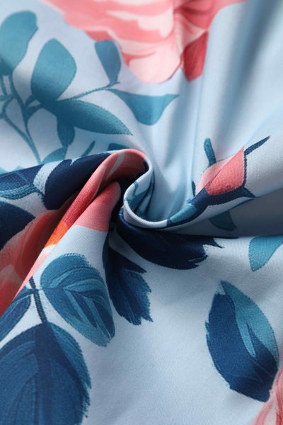 Close up view of Summer Rose Off Shoulder Dress In Light Blue