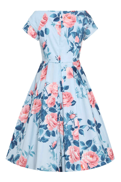 Back view of Summer Rose Off Shoulder Dress In Light Blue