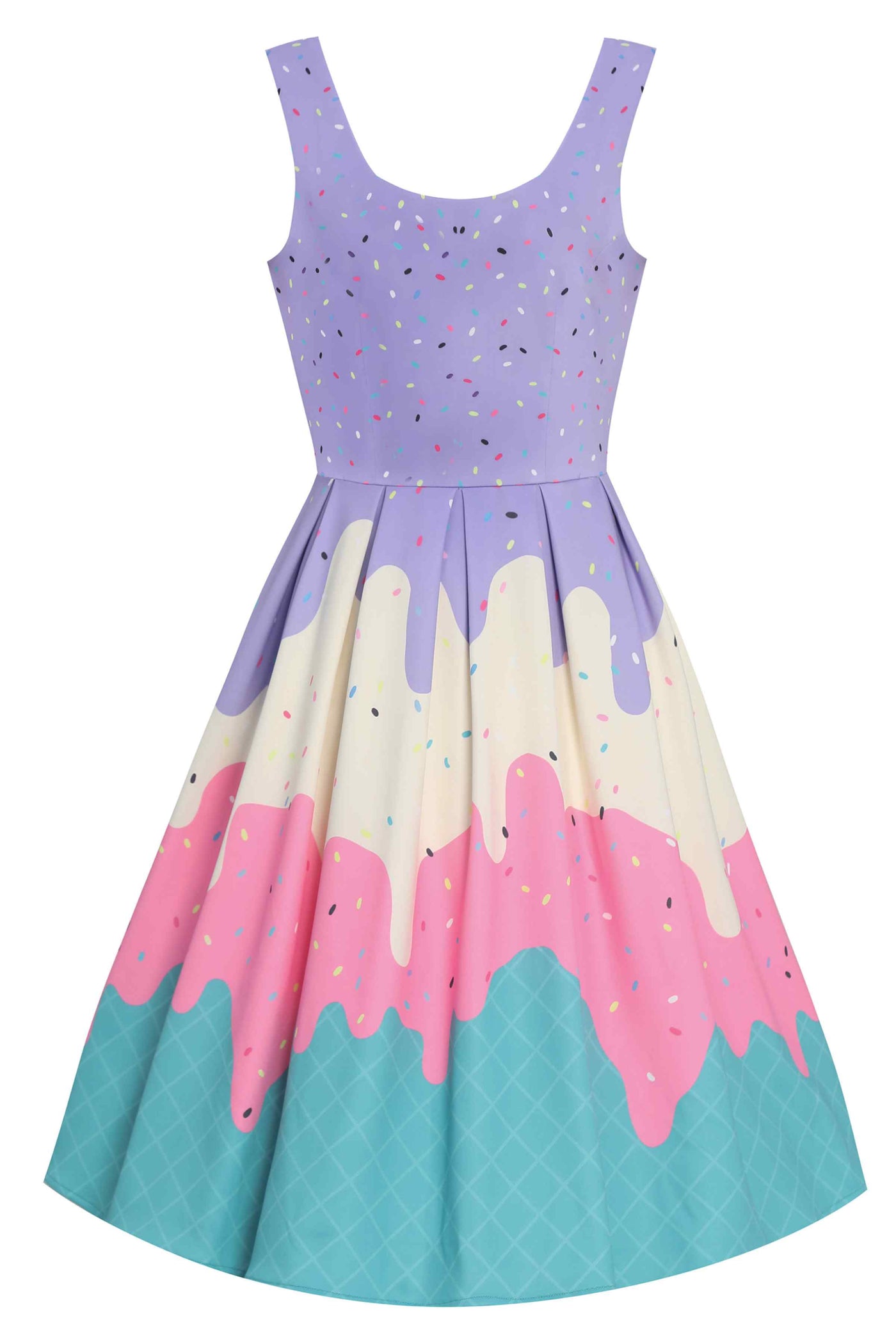 Front view of Summer Sprinkles Ice Cream Cone Swing Dress