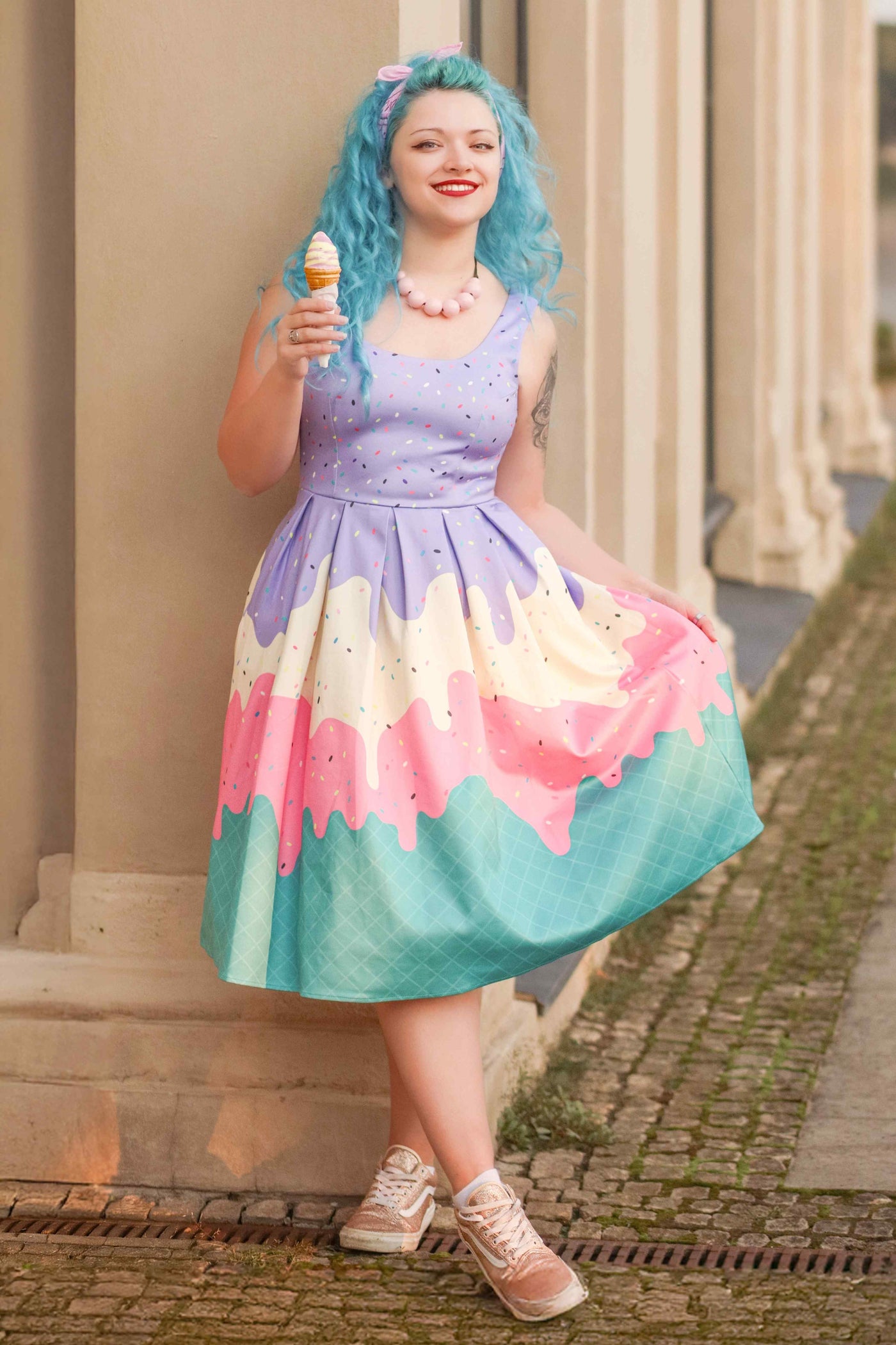 A model wearing Summer Sprinkles Ice Cream Cone Swing Dress