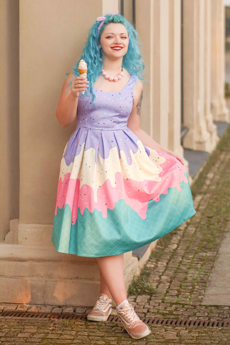 A model wearing Summer Sprinkles Ice Cream Cone Swing Dress