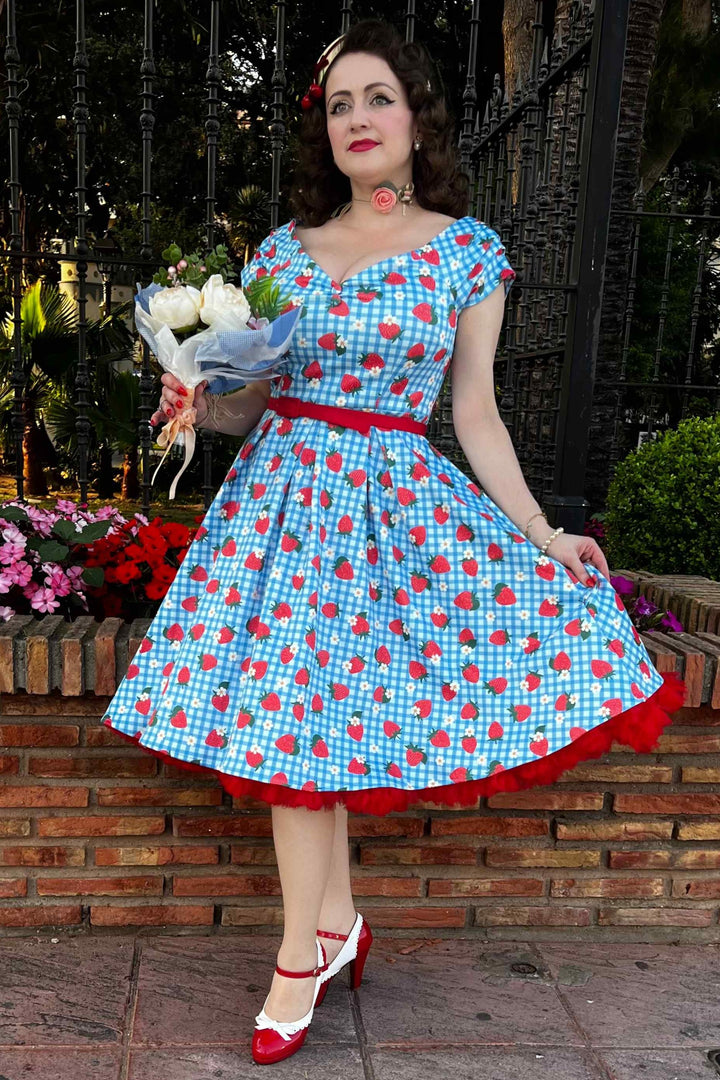 fitted lace wedding dress Classic Cherry Dress in Royal Blue Gingham & Red Cherries: Made to Ord –  The Woman's Exchange of St. Louis main image 1