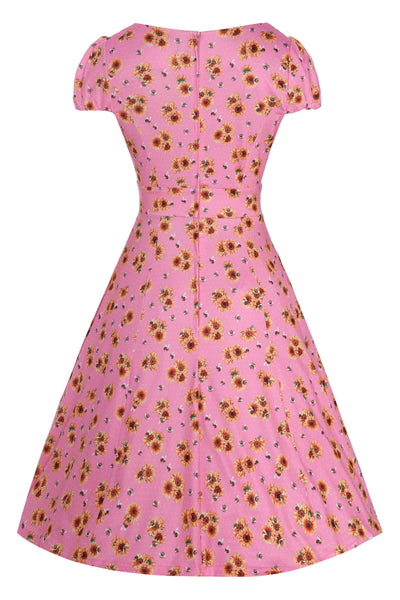 Back View of Sunflower and Bee Sleeved Dress in Pink