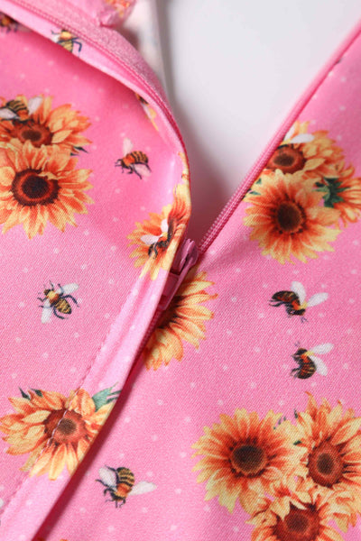 Close up View of Sunflower and Bee Sleeved Dress in Pink