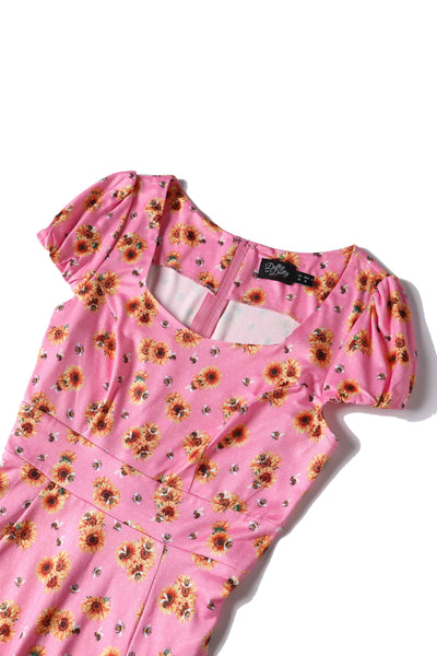 Close up View of Sunflower and Bee Sleeved Dress in Pink