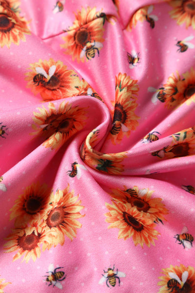 Close up View of Sunflower and Bee Sleeved Dress in Pink