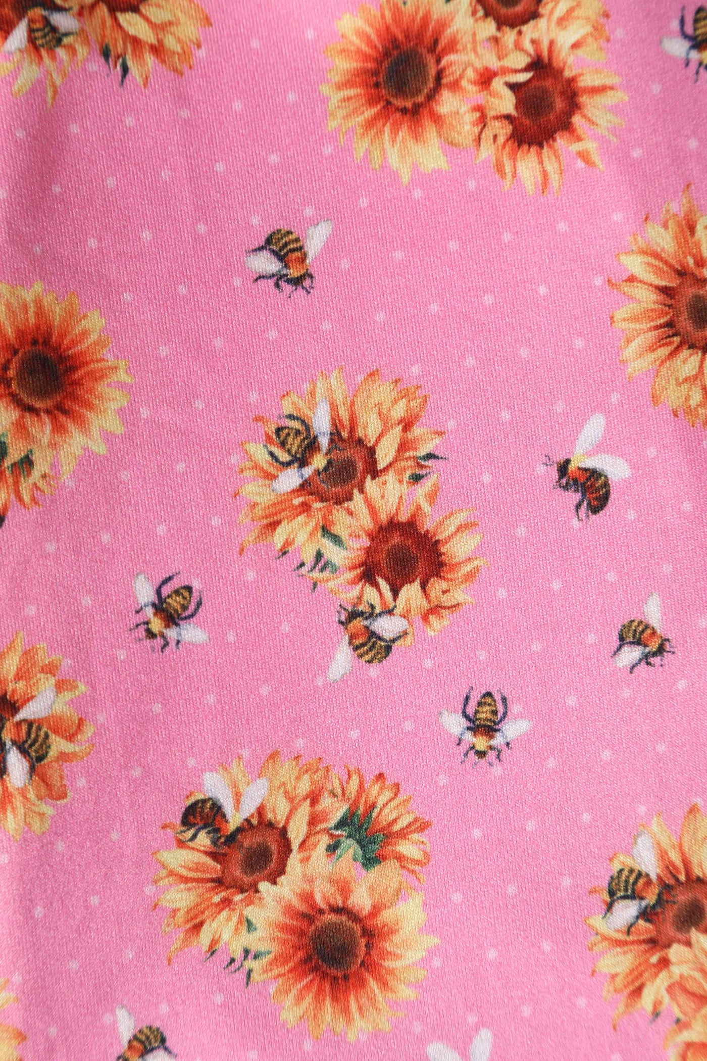 Close up View of Sunflower and Bee Sleeved Dress in Pink