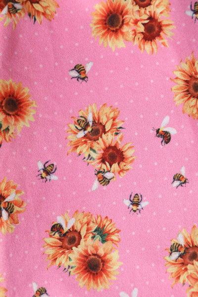Close up View of Sunflower and Bee Sleeved Dress in Pink