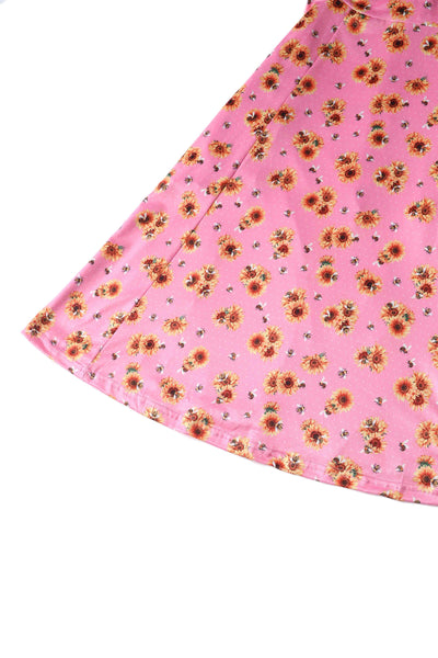 Close up View of Sunflower and Bee Sleeved Dress in Pink