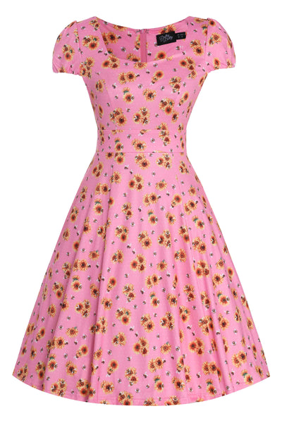 Front view of Pink Cap Sleeved Dress with Sunflowers & Bees