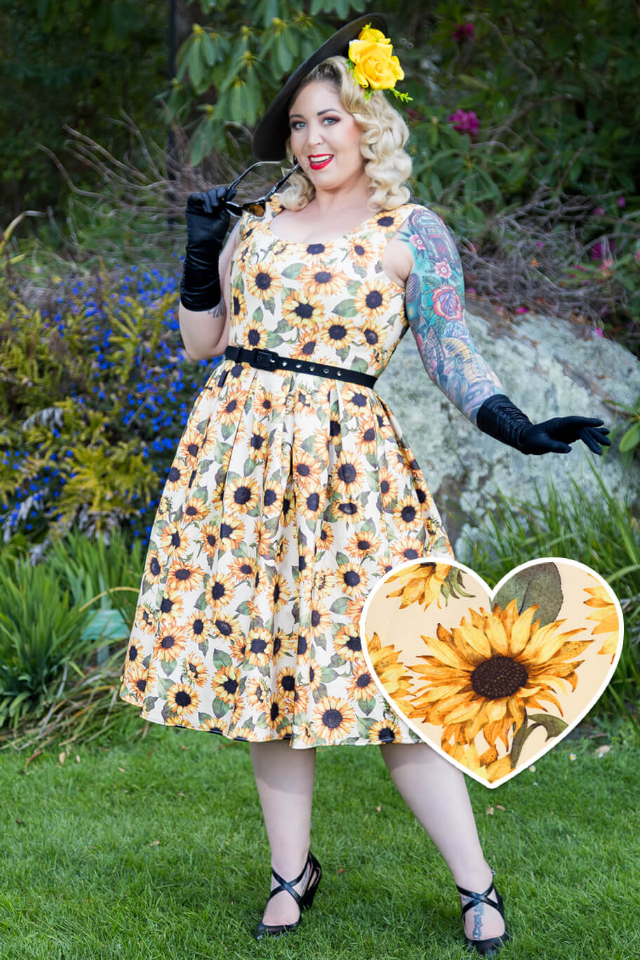 A lady wearing an Amanda Sunflower Flared Dress