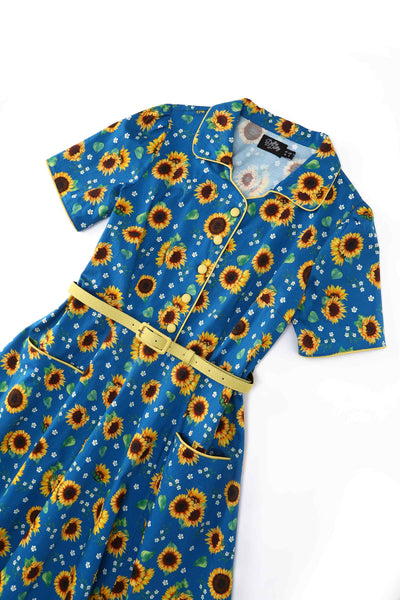 Close up view of Sunflower Midi Shirt Dress In Blue